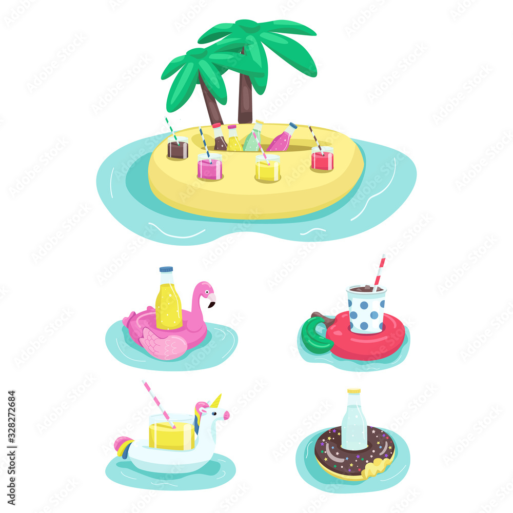 Poster inflatable drink holders flat color vector objects set. donut rubber mattress. soda in bottle. lemon