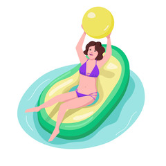 Active woman in pool flat color vector character. Fit girl playing with ball. Sporty female sitting on inflatable mattress. Avocado ring. Adult beach activity isolated cartoon illustration