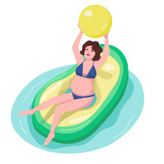 Pregnant woman in pool flat color vector character. Happy girl having fun with ball. Young mother sitting on inflatable mattress. Avocado ring. Adult beach activity isolated cartoon illustration
