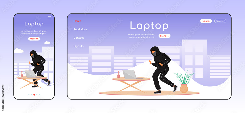 Poster laptop theft adaptive landing page flat color vector template. house break-in mobile and pc homepage