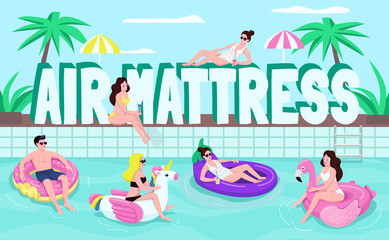 Obraz na płótnie Canvas Air mattresses word concepts flat color vector banner. People on inflatable rings. Isolated typography with tiny cartoon characters. Pool summer party creative illustration on turquoise
