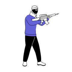 Man in balaclava mask flat silhouette vector illustration. Terrorist with machine gun. Male criminal in threatening pose. 2D isolated outline character on white background. Simple style drawing