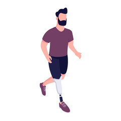 Man with artificial leg running flat color vector faceless character. Handicap sportsman exercising. Young man with limb prosthesis isolated cartoon illustration for web graphic design and animation