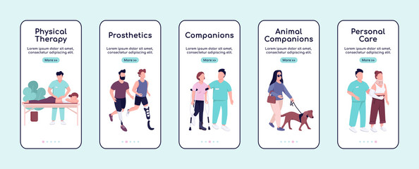 Disabled people care and companions onboarding mobile app screen flat vector template. Walkthrough website steps with characters. UX, UI, GUI smartphone cartoon interface, case prints set