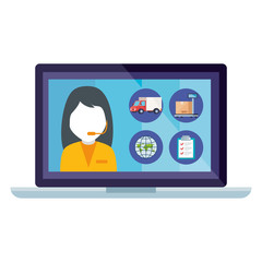 laptop and woman with headphones design, Delivery logistics transportation shipping service warehouse industry and global theme Vector illustration