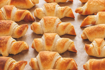 Freshly baked buns of puff pastry with jam lie in rows on baking paper in a tray.
