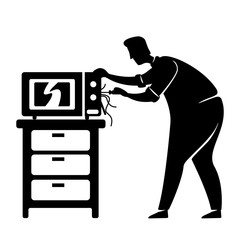 Man fixed microwave black silhouette vector illustration. Guy repairs oven. Home maintenance. Working person pose. Handyman 2d cartoon character shape for commercial, animation, printing
