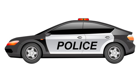 Police patrol car cartoon vector illustration. Law enforcement, police force official transport flat color object. Policeman vehicle. Modern sedan with flashing lights isolated on white background