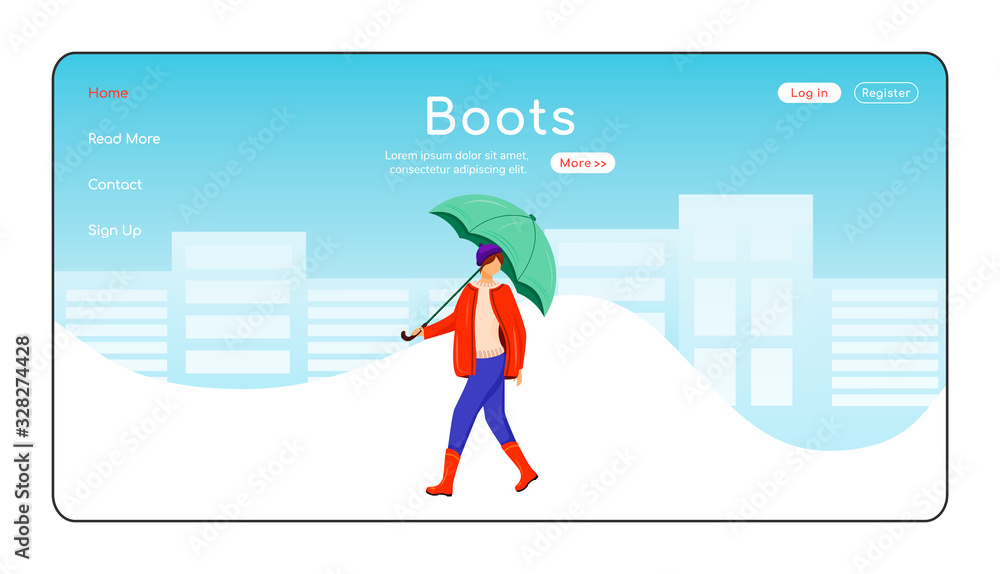 Poster boots landing page flat color vector template. female with umbrella homepage layout. wet weather one