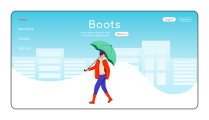 Boots landing page flat color vector template. Female with umbrella homepage layout. Wet weather one page website interface with cartoon character. Walking lady in gumboots web banner, webpage