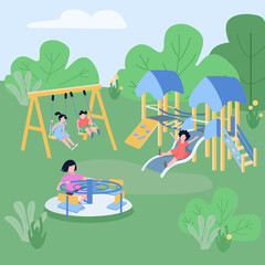 Children play zone flat color vector illustration. Boys and girls having fun outdoors, preschoolers relaxing on playground 2D cartoon characters with trees and flowers on background