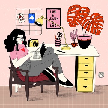 Illustration of woman working from home on laptop