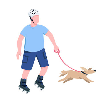 Roller skater with dog flat color vector faceless character. Young rollerblader riding with canine pet, companion isolated cartoon illustration for web graphic design and animation