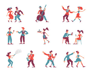 Fototapeta na wymiar Rockabilly style people flat color vector faceless characters set. 1950s women and men. Old fashioned party dancers, jazz musicians, singers isolated cartoon illustrations on white background