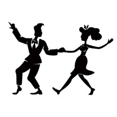 Retro woman and man dancing energy jive black silhouette vector illustration. Comic old fashioned people in rock n roll pose. 2d cartoon characters shape for commercial, animation, printing