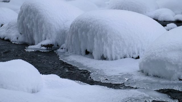 Stones with snow caps in the water of frozen river Pescherka in winter