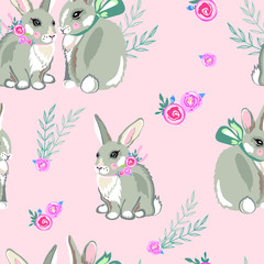 Vector seamless pattern of cute bunnies on a pink background. Delicate print. Bunnies in flowers. Pattern for printing on textiles, paper, packaging, wallpaper.