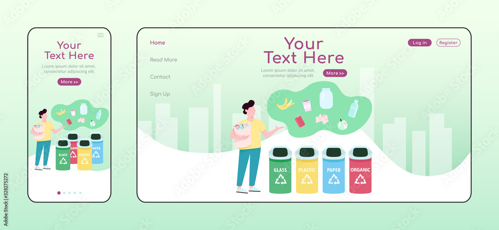 Poster trash sorting adaptive landing page flat color vector template. zero waste lifestyle, garbage segreg