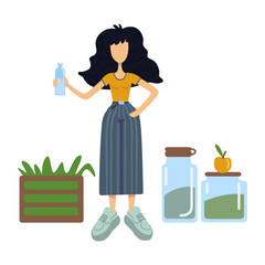 Zero waste flat cartoon vector illustration. Woman holds glass bottle. Eco friendly containers use. Ready to use 2d character template for commercial, animation, printing design. Isolated comic hero