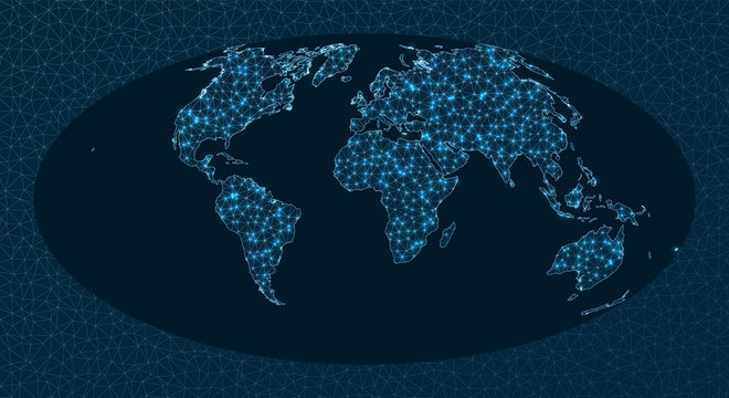 Communications map of the world. Aitoff projection. World Network. Artistic connections map. Vector illustration.