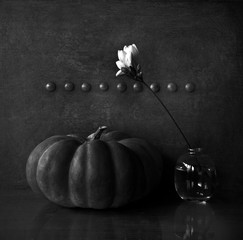 still life with flowers and pumpkin - 328275636