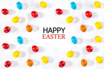 Beautiful happy easter card with eggs. A pattern of painted yellow, blue and red eggs on a white background	