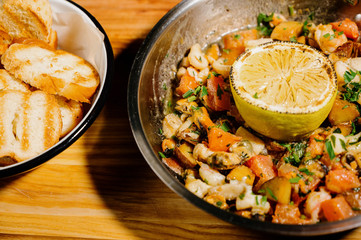 Beef stew, goulash in cast iron pan.