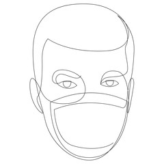 One continuous line drawing medical face mask. Concept of coronavirus. Continuous single drawn person in mask one line hand-drawn picture silhouette. Line art. doodle. Vector illustration