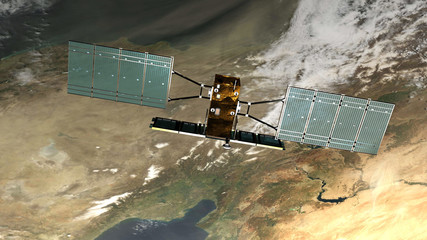 Satellite “Cosmo Skymed” in orbita intorno alla terra, immagine 3D, illustrazione