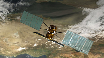 Satellite “Cosmo Skymed” in orbita intorno alla terra, immagine 3D, illustrazione