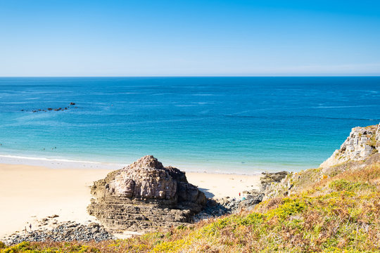 Landscape of the Brittany coast in the Cape Frehel region with its beaches, rocks and cliffs in summer.