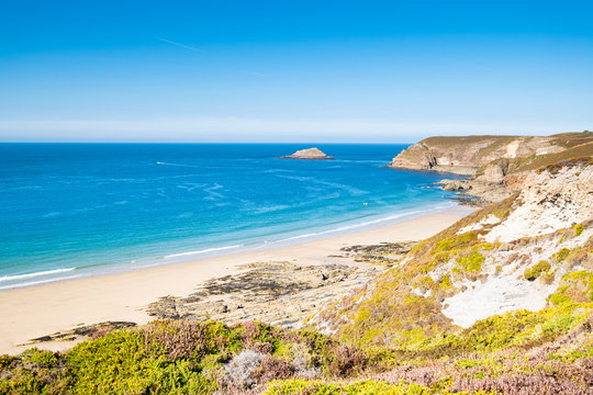 Landscape of the Brittany coast in the Cape Frehel region with its beaches, rocks and cliffs in summer.