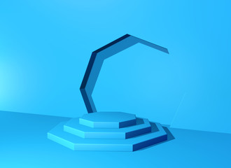 Pedestal or podium with steps and wall arch in the blue abstract background. 3D illustration