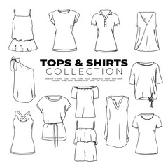 Doodle set of Tops & Shirts Collection – Tank Top, T-shirt, Tunic, gypsy, Polo, wrap, knot front, jewel neck, shirt, top, hand-drawn. Vector sketch illustration isolated over white background.