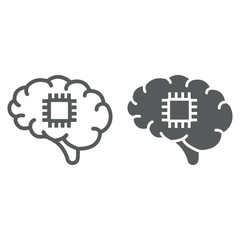 Brain with chip line and glyph icon, technology and brain, neurochip sign, vector graphics, a linear pattern on a white background, eps 10.