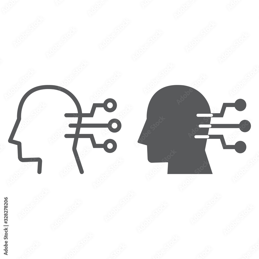 Poster neural interface line and glyph icon, technology and network, human head connection sign, vector gra