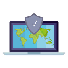 laptop with world map and shield design, Delivery logistics transportation shipping service warehouse industry and global theme Vector illustration