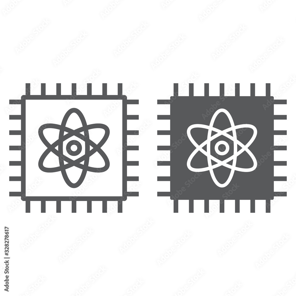 Aufkleber quantum computing line and glyph icon, technology and processor, chip with atom sign, vector graphic