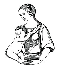 Graphic image of the Madonna and Child. Hand drawing outline isolated. Sketch made from paintings by Raphael. Suitable for print, card, mother's day greetings. Stock vector illustration.
