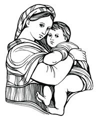 Child. Hand drawing outline isolated.  Sketch made from paintings by Raphael. Suitable for print, card, mother's day greetings. Stock vector illustration.