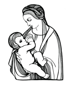 Graphic image of the Madonna and Child. Hand drawing outline isolated. Sketch of paintings by Leonardo da Vinci. Suitable for print, card, mother's day greetings. Stock vector illustration.