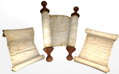 Vintage scrolls of parchment. On white background. 3D-rendering