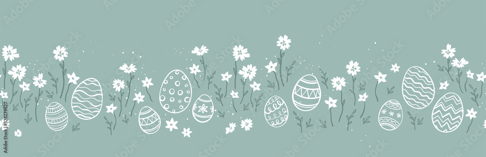 Cute hand drawn easter eggs horizontal seamless pattern, fun easter decoration, great for banners, wallpapers, cards - vector design