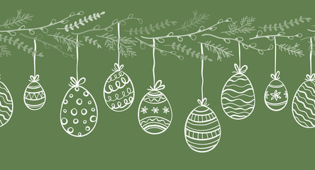 Cute hand drawn easter eggs horizontal seamless pattern, fun hanging easter decoration, great for banners, wallpapers, cards - vector design
