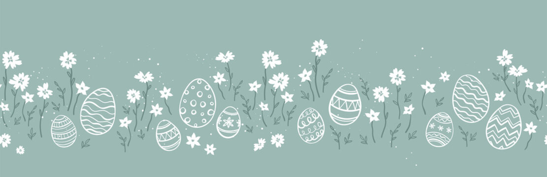 Cute hand drawn easter eggs horizontal seamless pattern, fun easter decoration, great for banners, wallpapers, cards - vector design