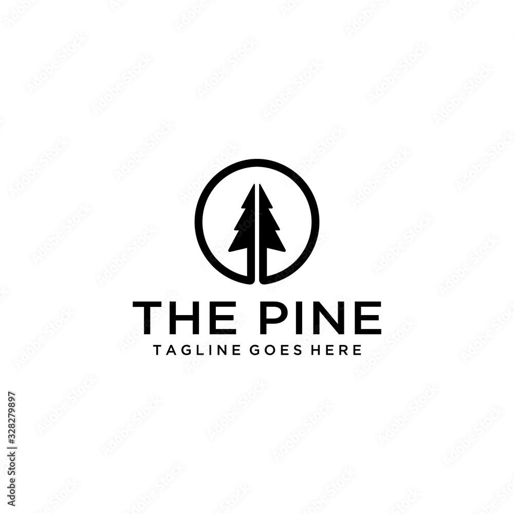 Wall mural Illustration modern pine tree on circle logo design vector silhouette.