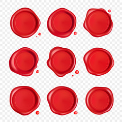 Wax seal collection. Red stamp wax seal set with drops isolated on transparent background. Realistic guaranteed red stamps. Realistic 3d vector - obrazy, fototapety, plakaty