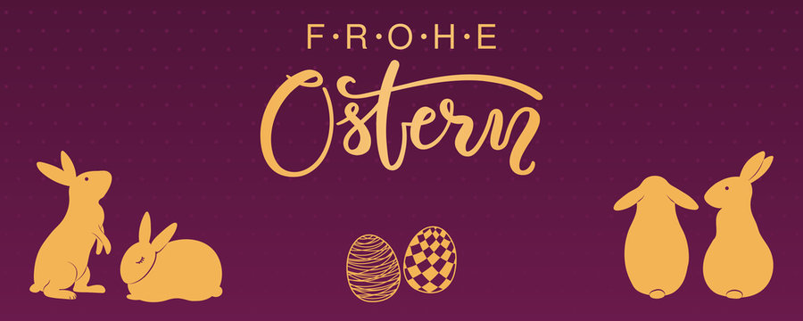 Card, invite, banner design with cute rabbits, eggs, German text Frohe Ostern, Happy Easter. Gold on purple background. Vector illustration. Concept for holiday celebration decor element. Flat style.
