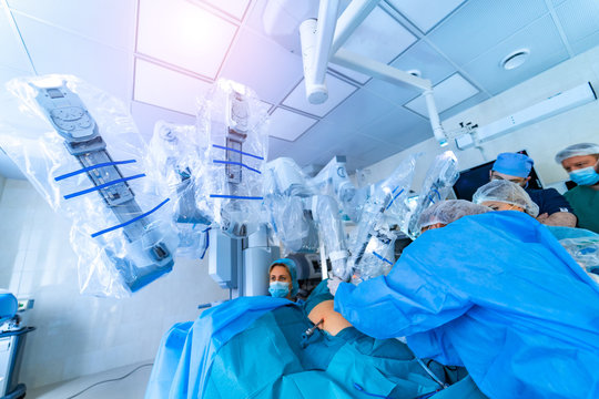 Modern surgical system. Medical robot. Minimally invasive robotic surgery. Medical background