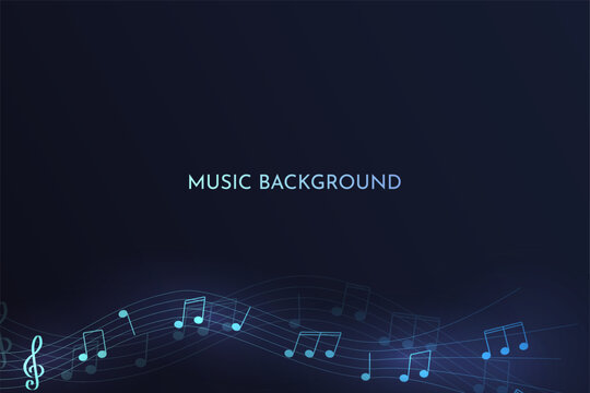 Vector illustration. Music background with light effects. Night club party theme. Abstract dark wallpaper. Sheet music and treble clef. Website template. Electronic music. Digital concept. Blue color